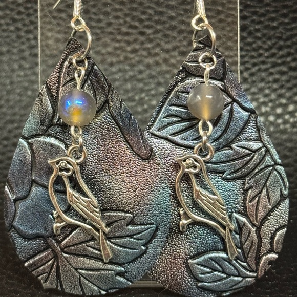 Handmade Jewelry - Black/Blue Iridescent Tooled Faux Leather Earrings with Bird Charms
